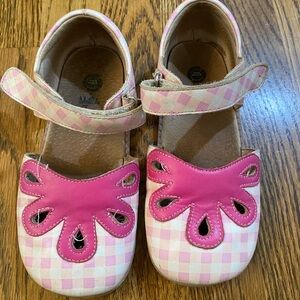 Livie & Luca Pink Gingham Mary Jane Dress Shoes with Hot Pink Floral Applique
